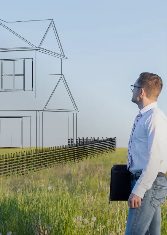 Hombre imaginando la construcción de su hogar en un terreno financiado con el Préstamo Comprar Terrenos de Cofidis